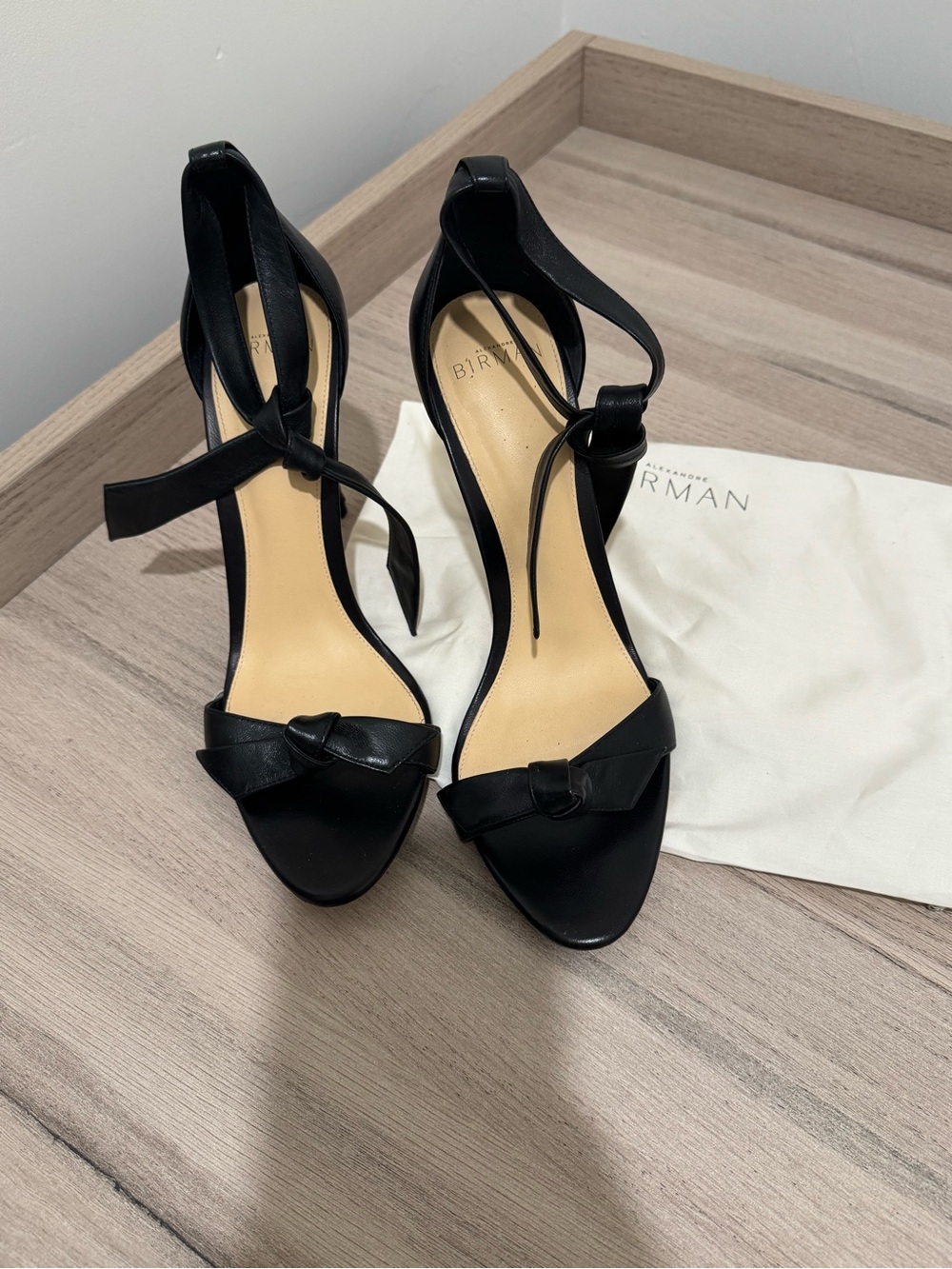 Alexandre Birman Black Leather Knot Front Ankle Tie Heels (CLARITA 100)